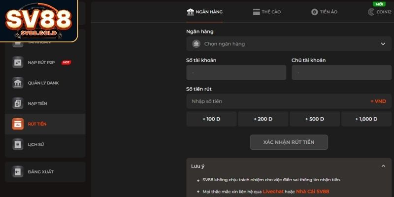 Quy trình nạp rút tiền từ tài khoản SV88