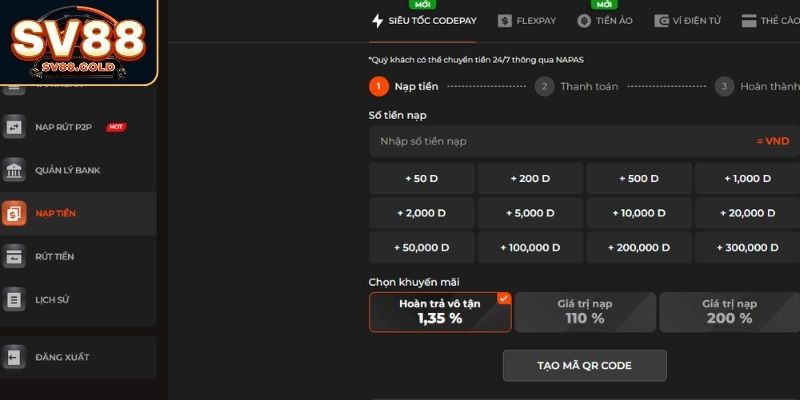 Nạp tiền tài khoản SV88